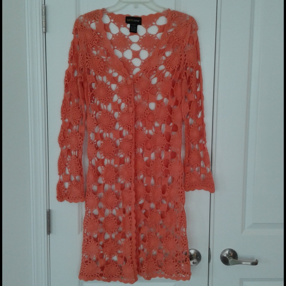 Crochet Peach Cardigan Duster Topper - Size Small